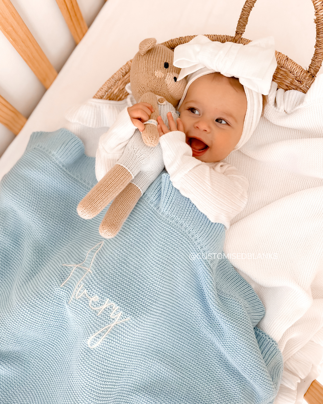 Blue Knitted Ruffle Blanket with Embroidery