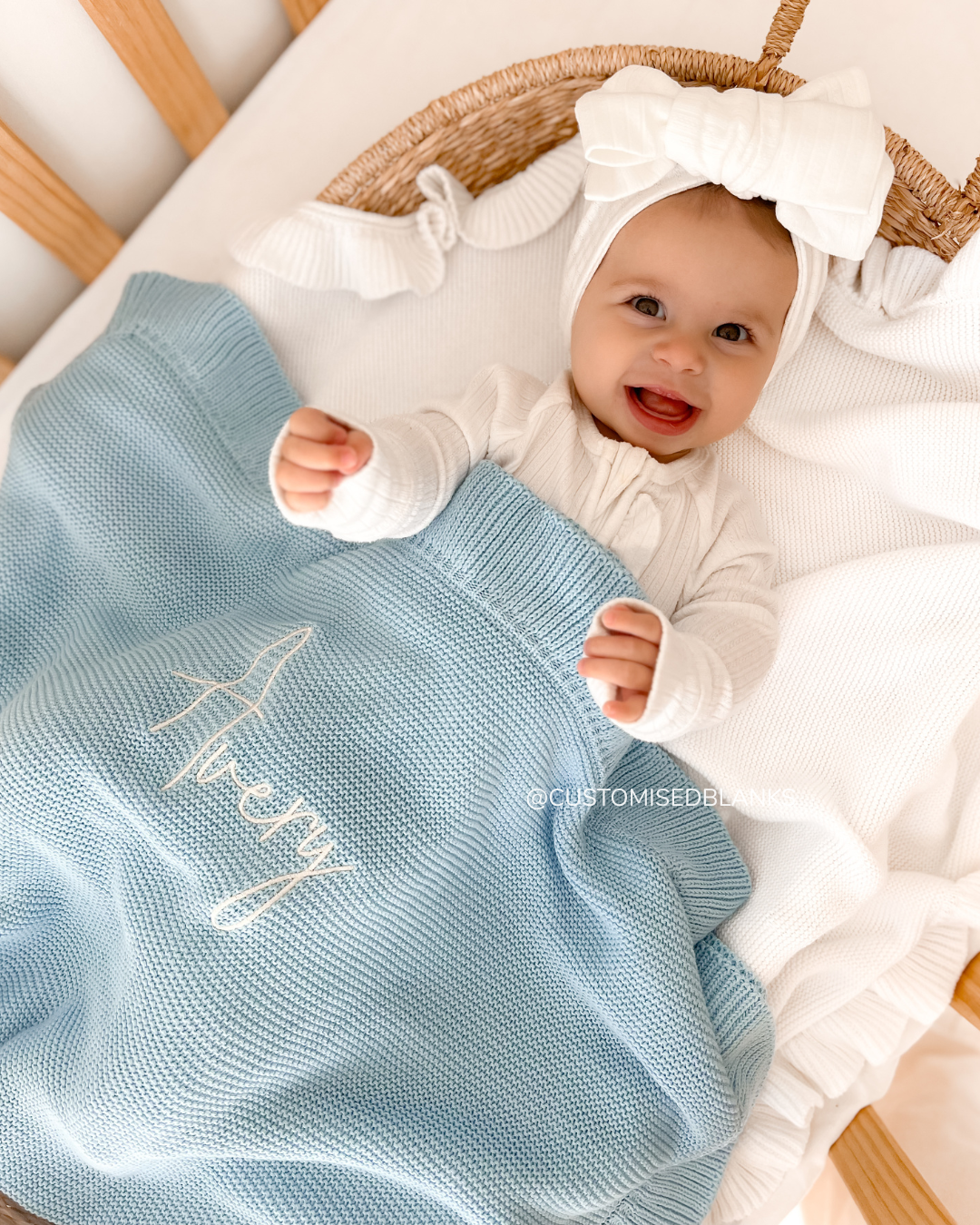 Blue Knitted Ruffle Blanket with Embroidery